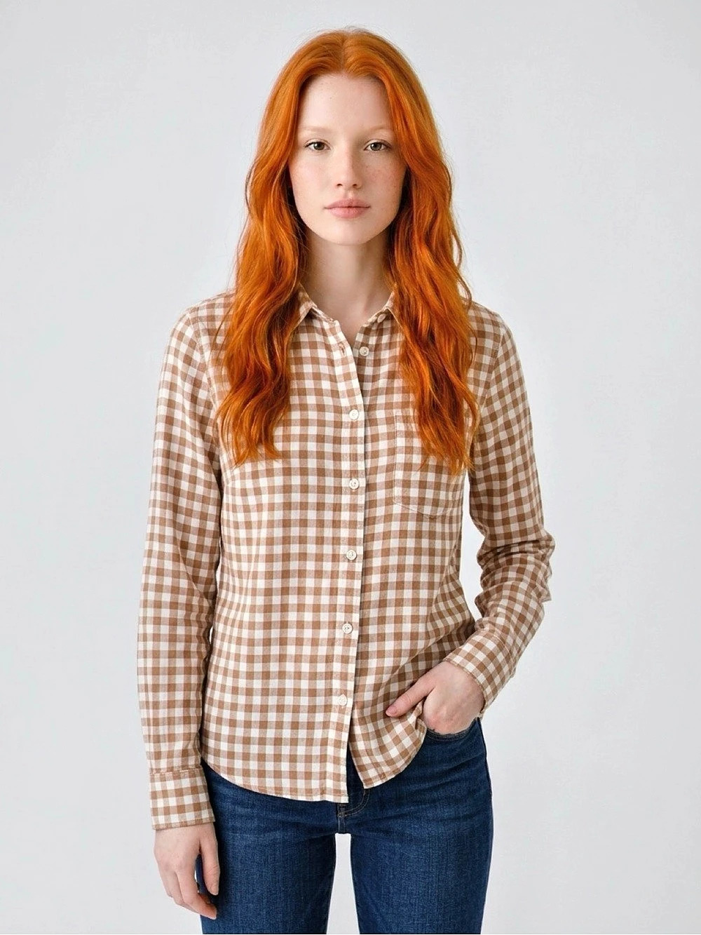 J. Crew Button-Down Shirt in Gingham Plaid Brown & White Medium
